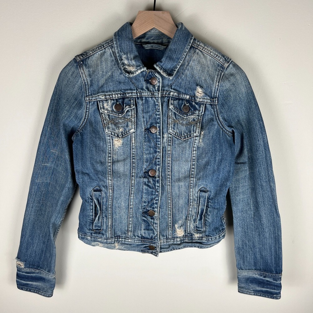 Abercrombie & Fitch Distressed Denim Jean Jacket Girls Size Medium‎ 17.5x20.5